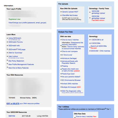 Screenshot of GEDmatch.com Dashboard