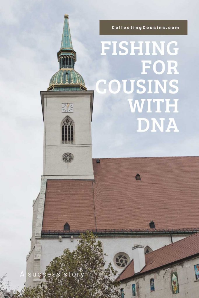 Image of church in Bratislava in background and text Fishing for Cousins with DNA CollectingCousins.com